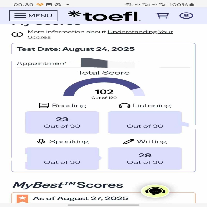 合肥某同学托福代考出102分